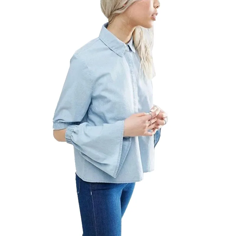 NYMPH European Style 2017 New Hollow Out Design Flare Sleeve Spring Summer Women Casual Shirt Lapel Denim Blouse Female Tops |