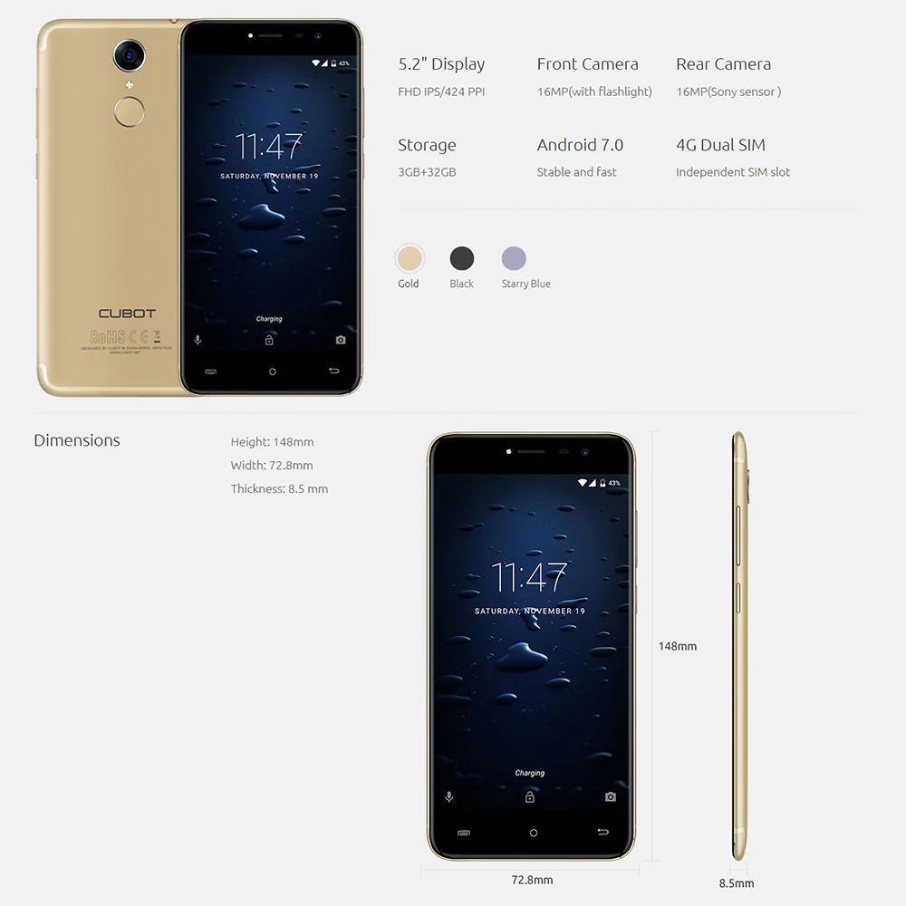 CUBOT Note Plus 4G смартфон 5," FHD 1920*1080 P 3GB RAM+32GB ROM MTK6737T MTK6737T 4 ядра 16+ 16 Мп камер Android 7,0 мобильный телефон