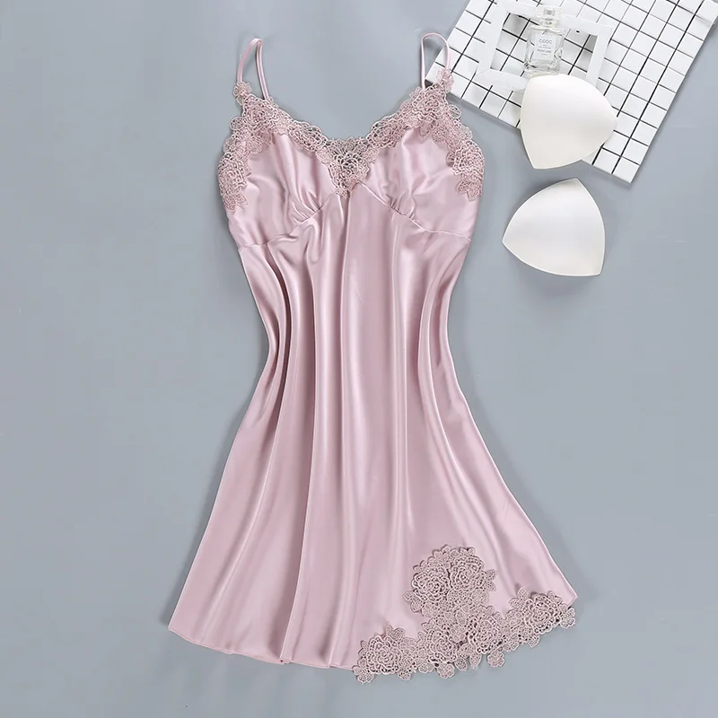 Женская атласная ночная рубашка Сексуальная кружевная Пижама сорочка на