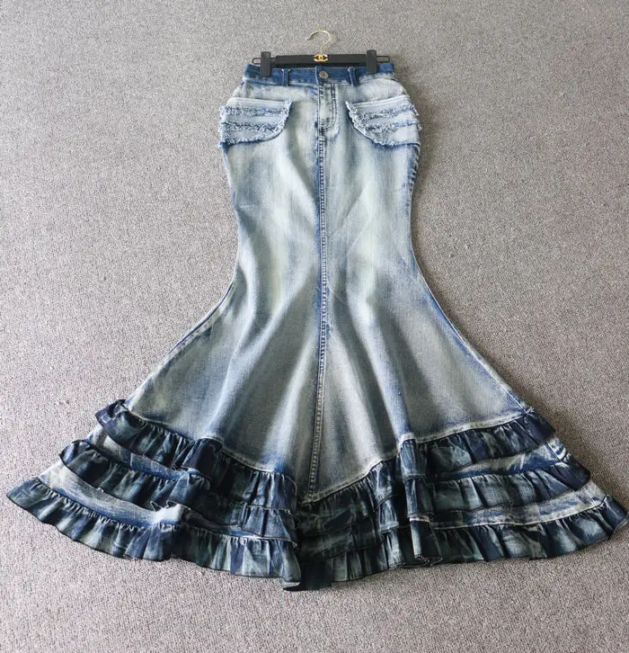 Женская длинная джинсовая юбка в пол юбка-годе стрейчевая винтажном стиле с