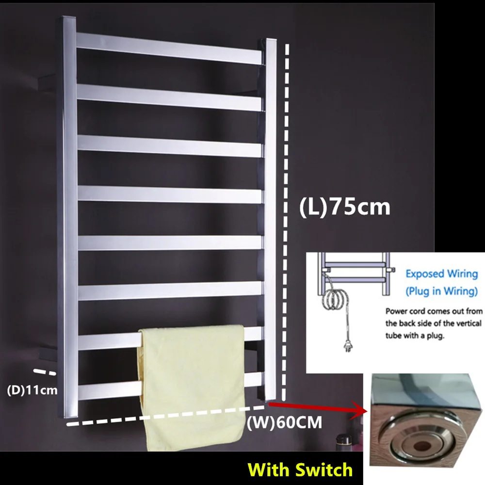 Open Wire and switch Новинка, электрическая квадратная сушилка для полотенец, настенная, полированная, 304, нержавеющая сталь, полотенцесушитель, полотенцесушитель, TW-RT8 - Color: Open Wire and switch