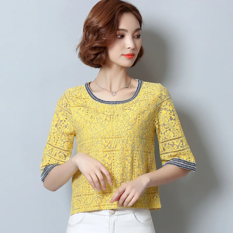 MLXSLKY кружевное Женская летняя футболка Весна и осень новые свободные женское с