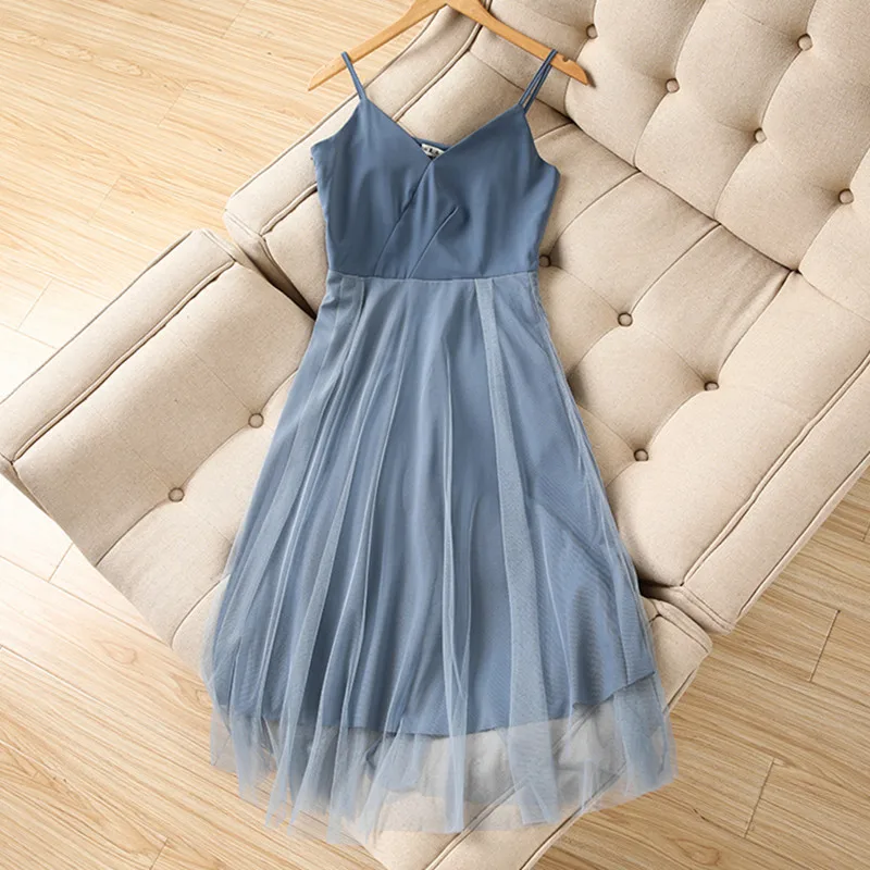 2019 женское летнее платье сплошного цвета с v-образным вырезом на тонких