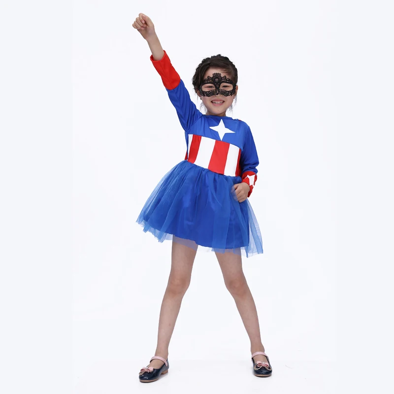 Free shipping 2016 Halloween children's clothing for girls Captain America Suit Set Cosplay Children's Day performance |