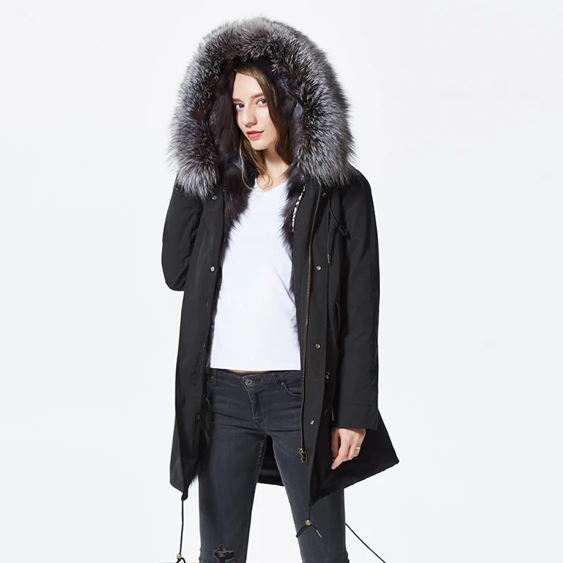 Winter Parka With Hood Coat Silver Fox White Fur Patchwork Lined Long Jackets For Women Plus Size | Женская одежда