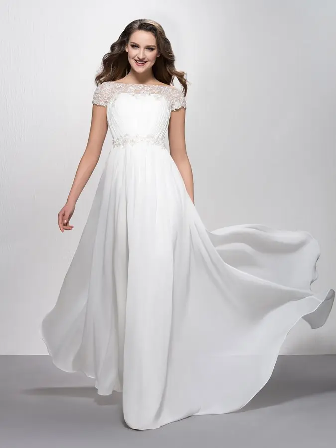 

vestido de noiva Summer Beach Wedding Dresses 2020 Appliques Bateau Short Sleeves Long Bride Dress Chiffon Wedding Gown