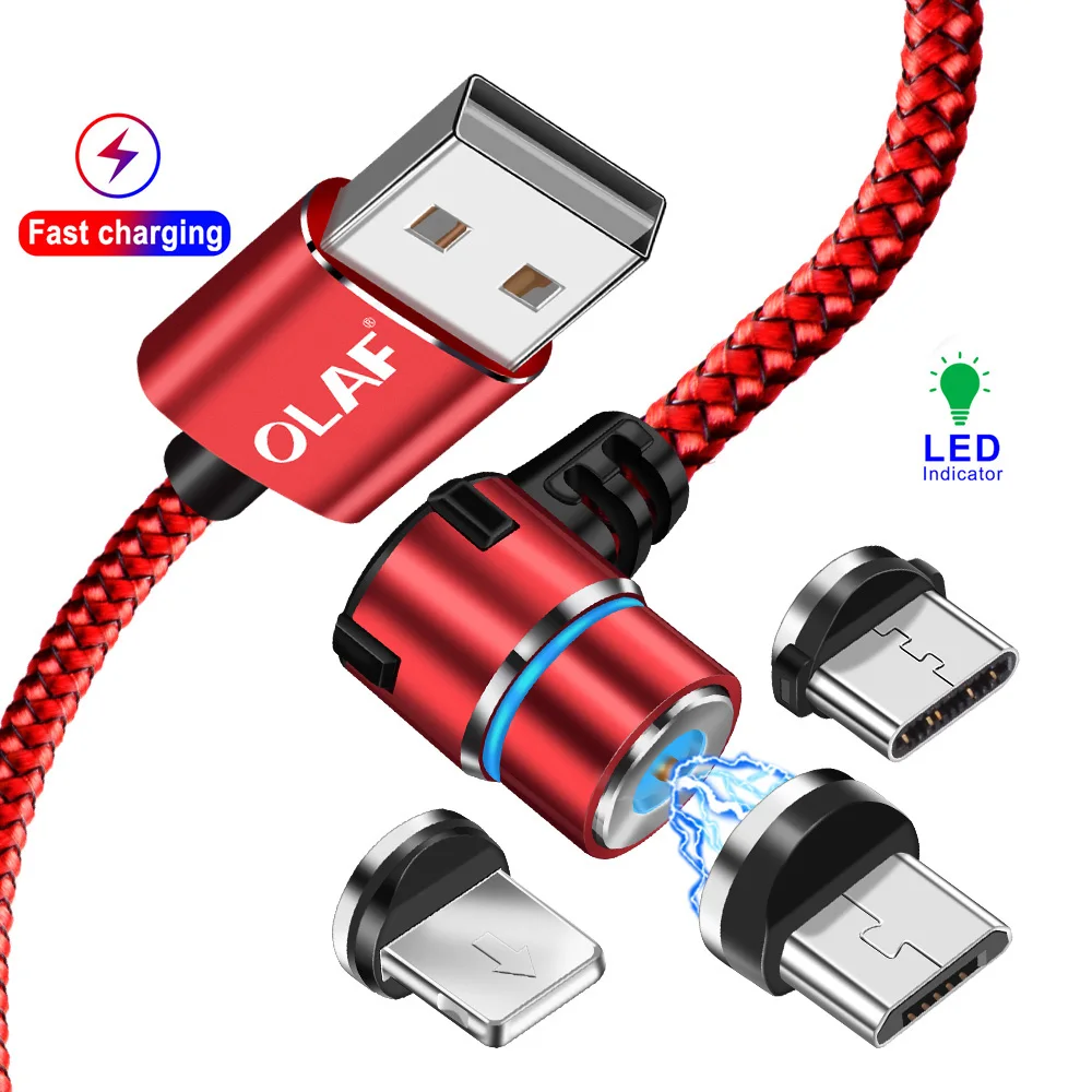 OLAF светодиодный магнитный кабель USB 90 градусов для iPhone XS samsung S9 Xiaomi huawei Быстрая зарядка Магнитный Micro usb type c кабель usbc