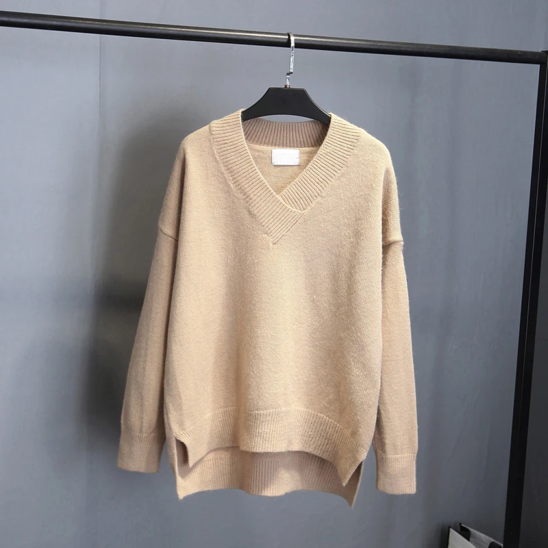 Женский шерстяной вязаный пуловер свободный свитер с V-образным вырезом