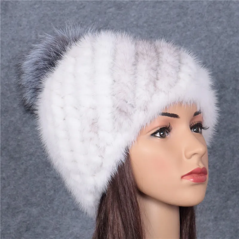 Шапка из меха норки зимняя большая шапка серебряной лисы вязаная шерсти