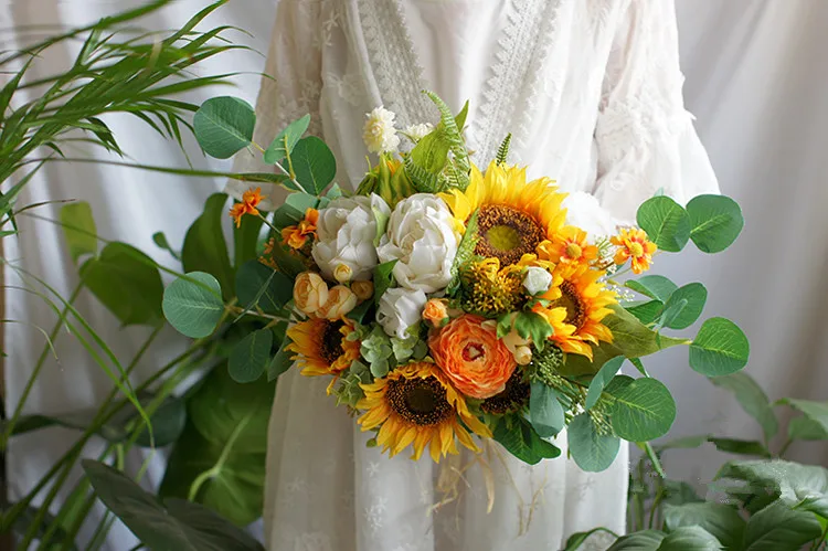 JaneVini винтажные Свадебные букеты жёлтый Подсолнух цветы Ramo De Novia искусственный