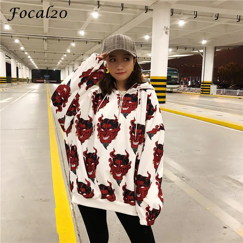 Focal20 Harajuku голова дьявола печати для женщин толстовки на молнии с длинным рукавом осень зима толстовка с капюшоном пуловер