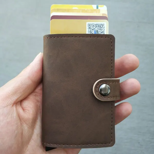 dark brown (buckle) RFID Блокировка, винтажный кредитный держатель для карт, для мужчин, алюминиевый сплав, бизнес чехол для ID карты, автоматический мужской металлический кожаный держатель для карт, кошелек - Цвет: dark brown (buckle)