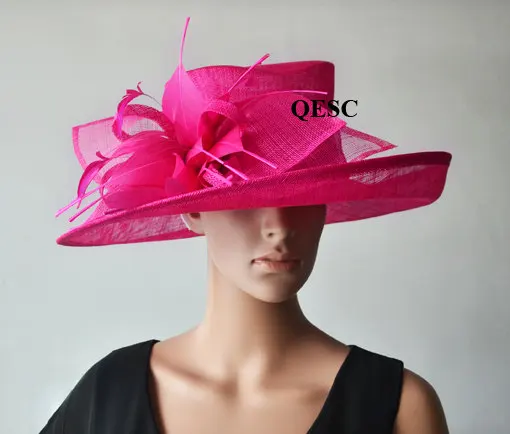 HOT PINK Новинка; женская шляпа с большими полями; персиковый цвет; цвет розовый; церковные гонки; свадебные дерби; Ascot Sinamay; головные уборы; Очаровательная фетровая шляпа; chapeau - Цвет: HOT PINK