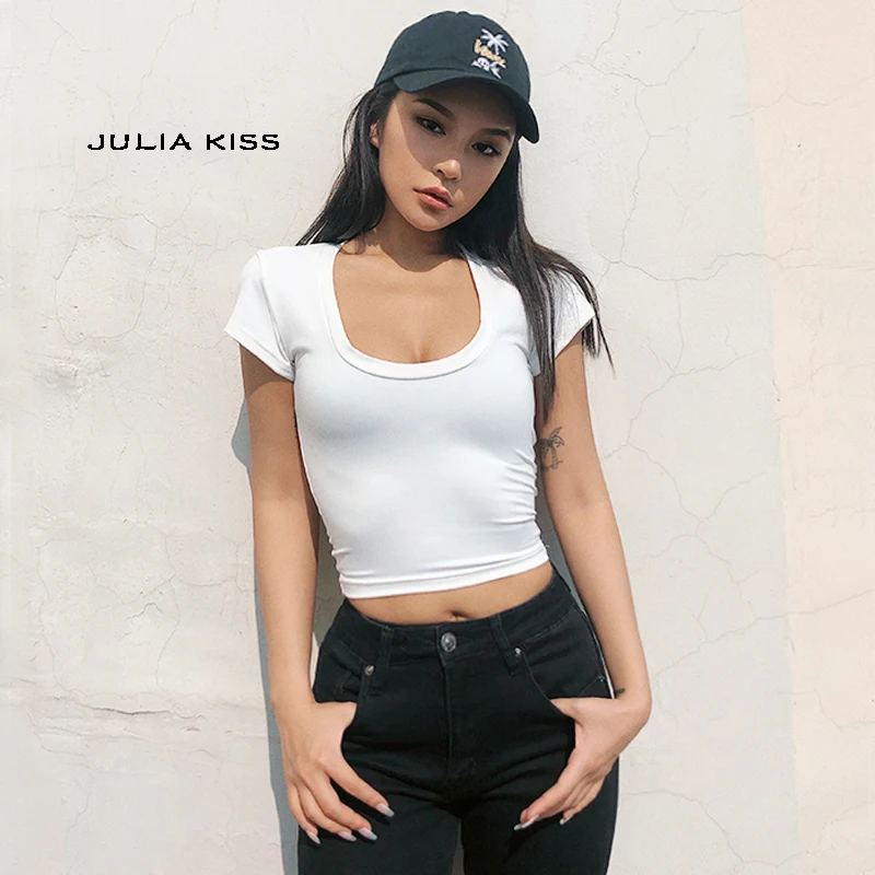 Женская футболка с коротким рукавом и U образным вырезом|Футболки| |