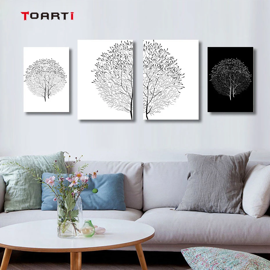 Абстрактный скетч арт на холсте Одуванчик черный и белый цвета винтажная