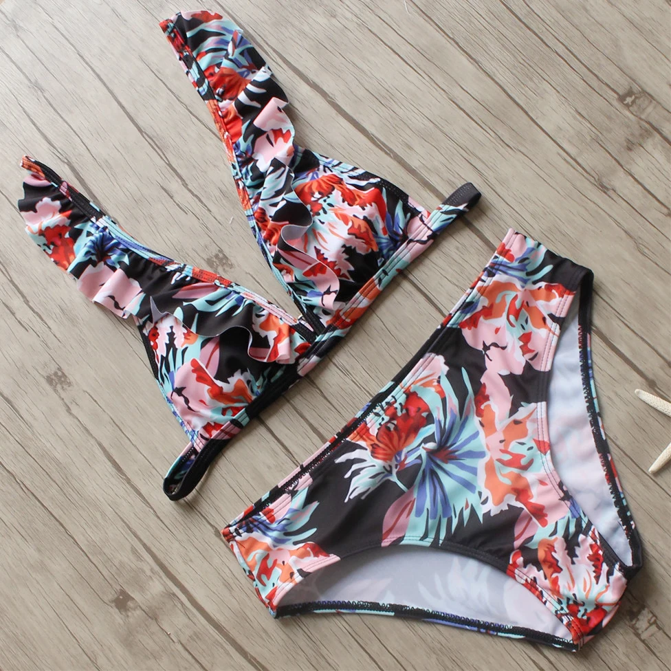 Женский купальник в полоску с оборкой цветочным принтом | Женская одежда