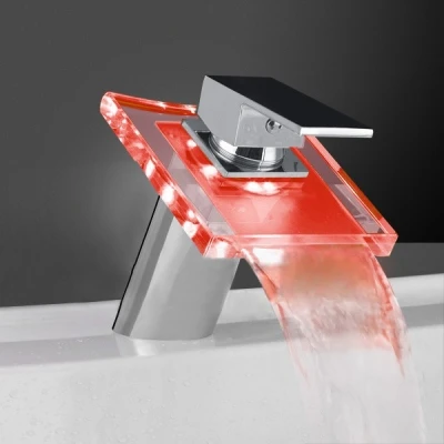 

Waterfall Glass LED Temperature Control Deck Mount Bathroom Sink Faucet Batteries Operated LED Three Light Waterfall Faucet