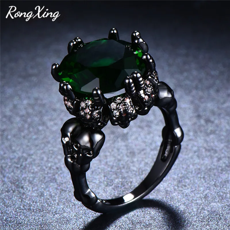 RongXing стильные кольца для мужчин и женщин с большим каменным черепом, Черное золото, Круглый Циркон, фиолетовый/красный камень, скелет, байкерское кольцо