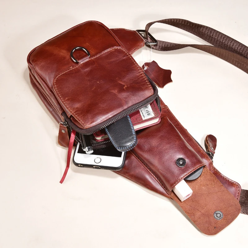 Cowhide Leather Vintage Men Sling Chest bag Half Moon chest pack Travel Cross Body Messenger Shoulder Bag mobile phone | Багаж и сумки