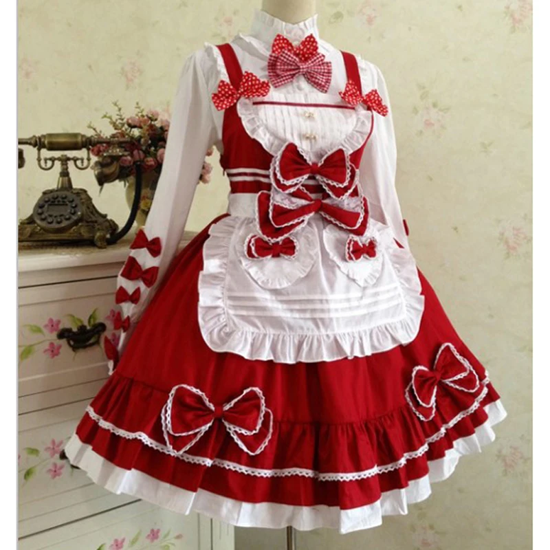 Маленький красный костюм горничной с капюшоном Женский хлопковый Кружевной