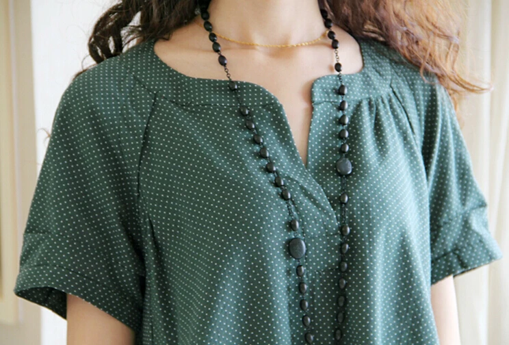 Женское Хлопковое платье с V-образным вырезом коротким рукавом и карманами |