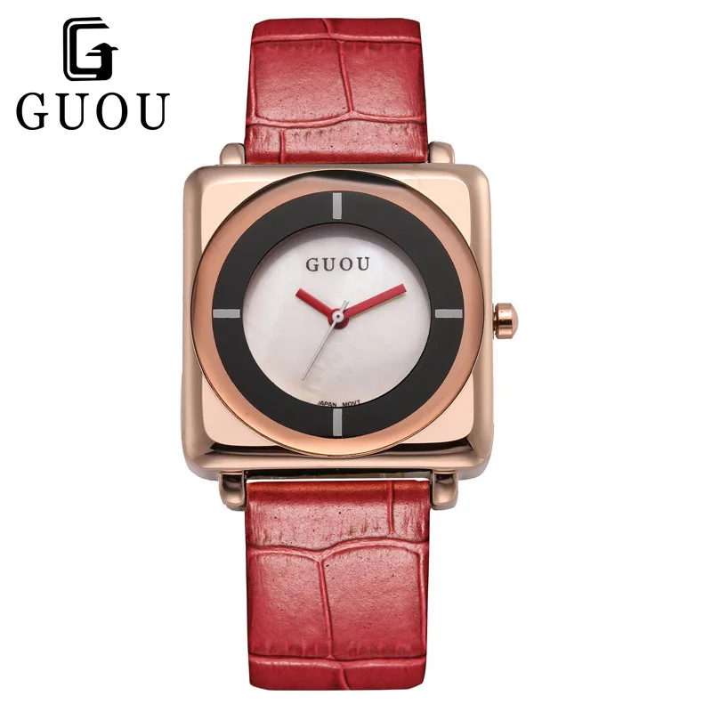 GUOU Square Dial Wrist Watches for Women Fashion Casual Dress Simple Leather Quartz Ladies Wristwatch Clock zegarki damski Black | Наручные