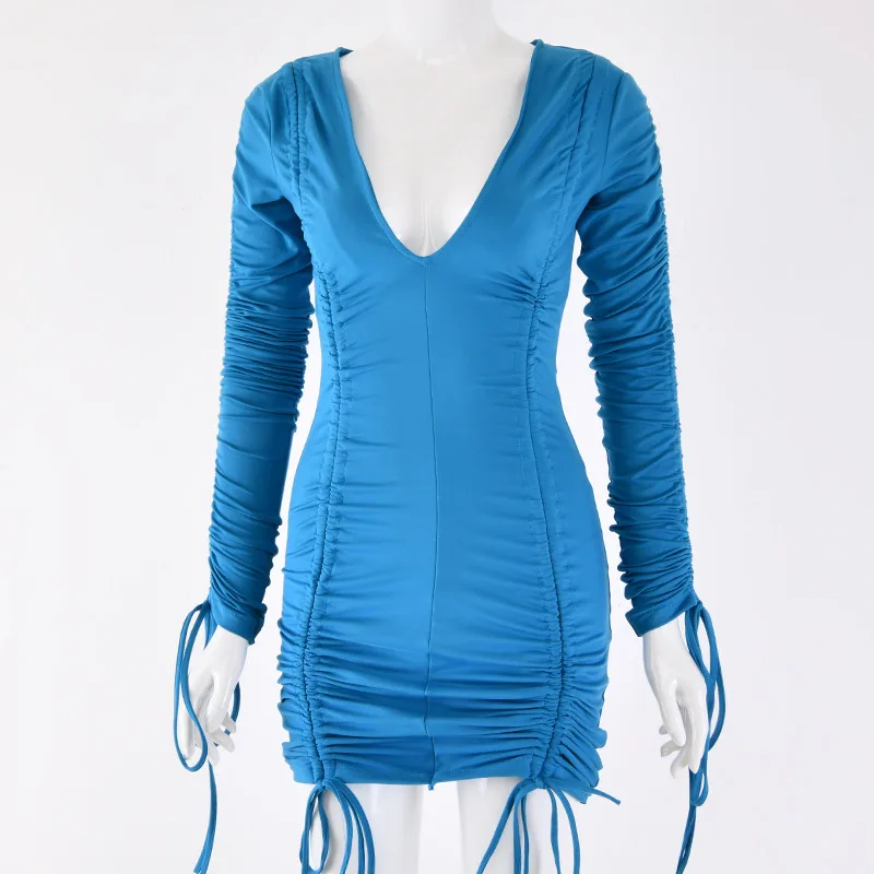 Синий Hugcitar long sleeve V-Neck sexy mini bodycon dress autumn winter women fashion party club streetwear clothes - Цвет: Синий