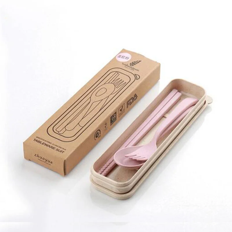3in1 Экологически Чистые Пшеничной Соломы Посуда Набор Палочки Для Еды Ложка и