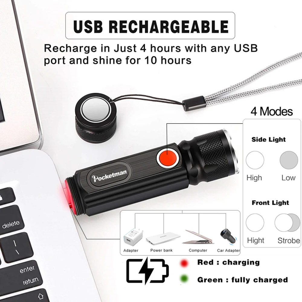 Многофункциональный светодиодный фонарик лм COB T6 с зарядкой от USB задний