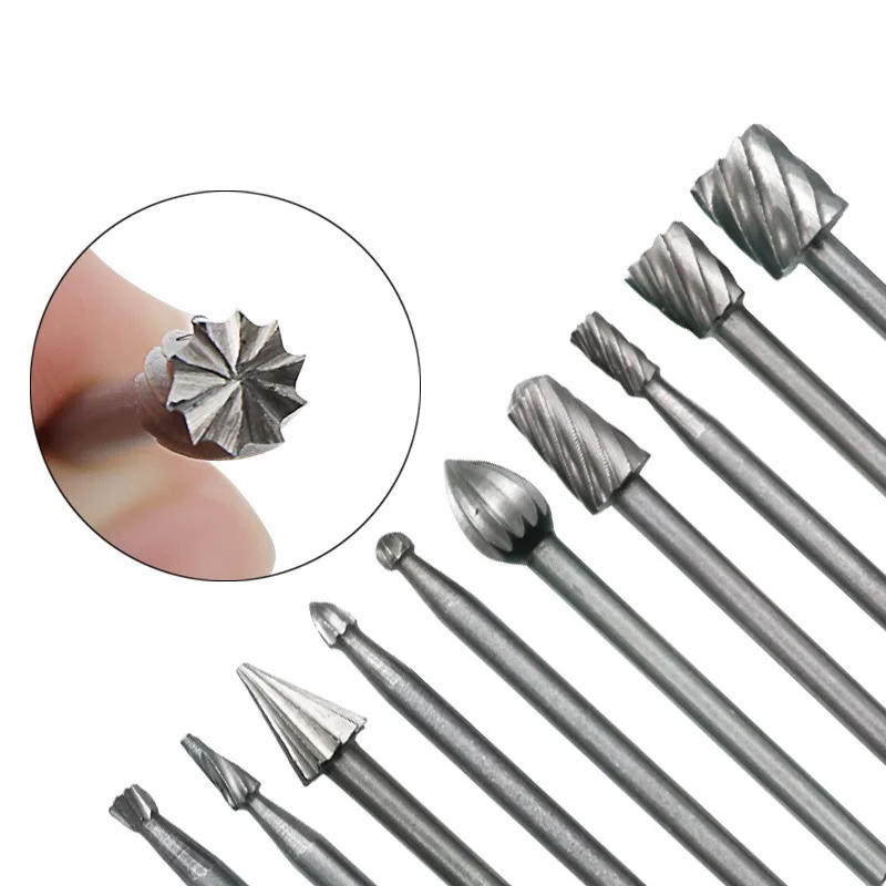 10pcs HSS Router Bits Burr Rotary Tools Set Rotary File Carving Knife Cutter Tool Engraving Wood Working Used for Dremel