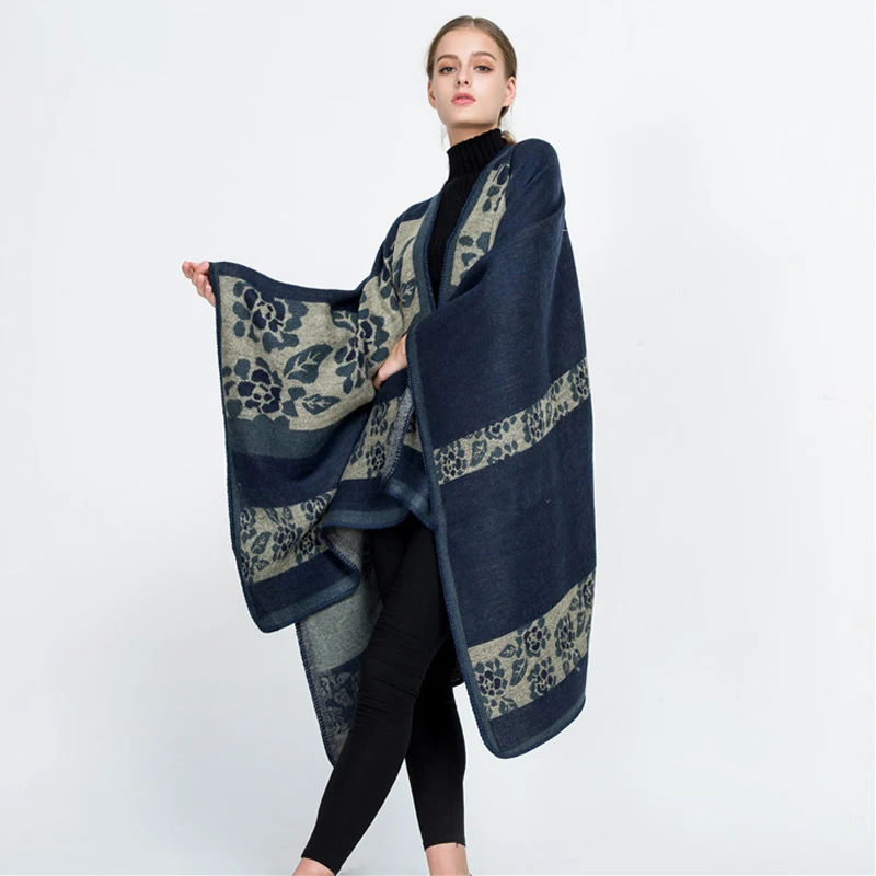 Fashion Women Cardigan New Autumn Multicolor Spelling Color Geometry Scarf Imitate Cashmere Cloak Joker Shawl Loose Coat CK215 |