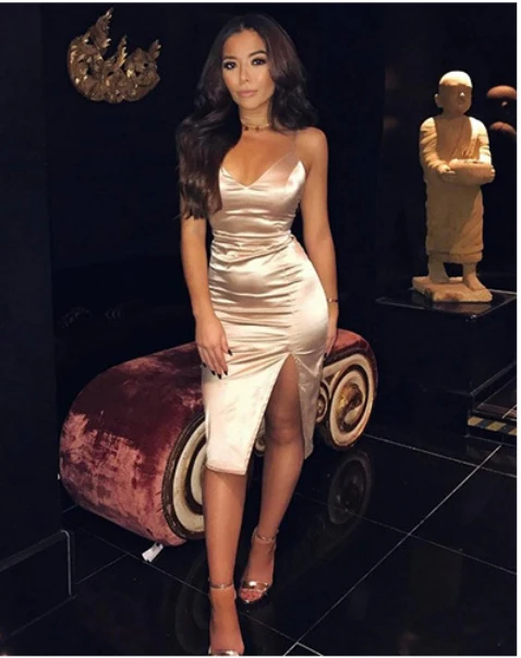 Wlke лето женщины повседневная атласная dress sexy v-образным вырезом без рукавов