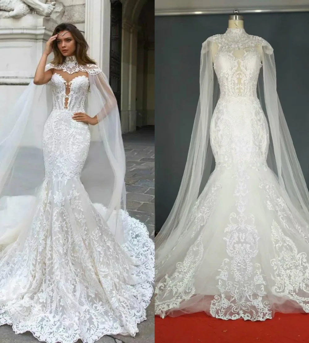 2019 Великолепное Кружевное Свадебное платье русалки с накидкой прозрачное