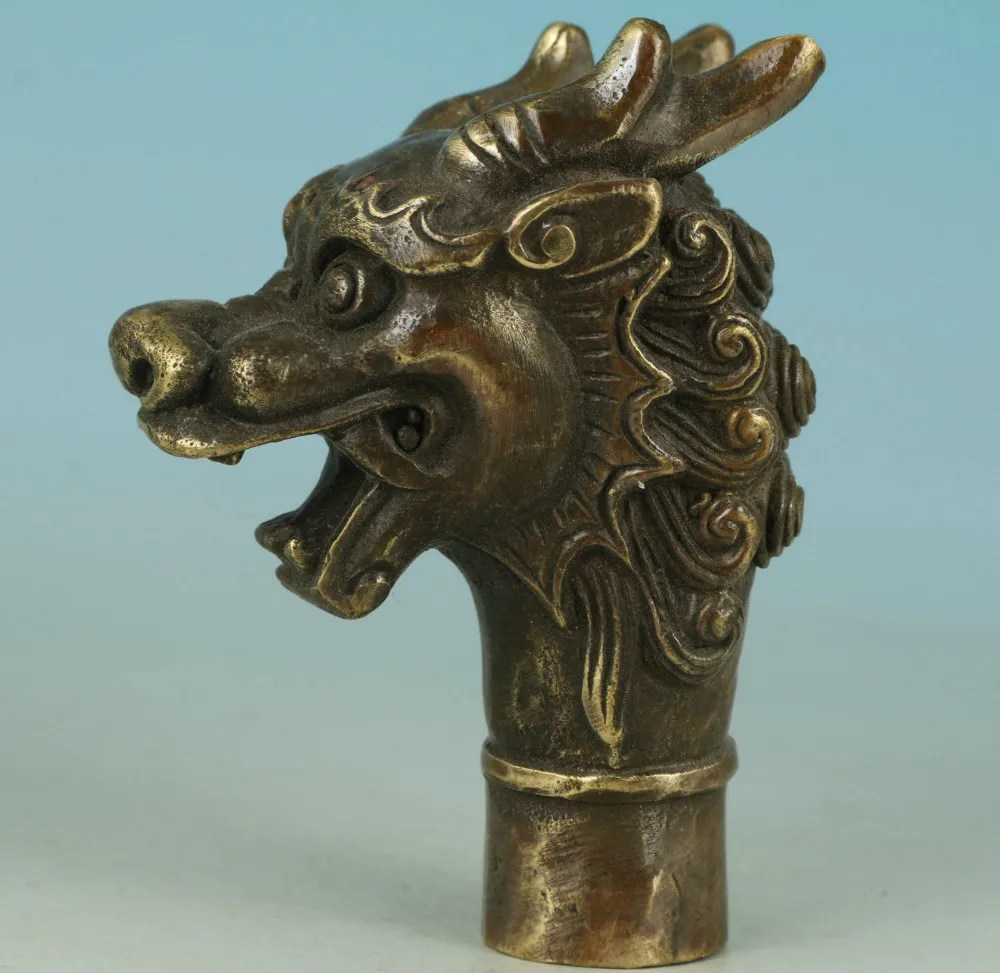 

Медные латунные китайские ремесла украшения Азиатский Китайский Старый латунный ручной резной дракон статуя трость головы