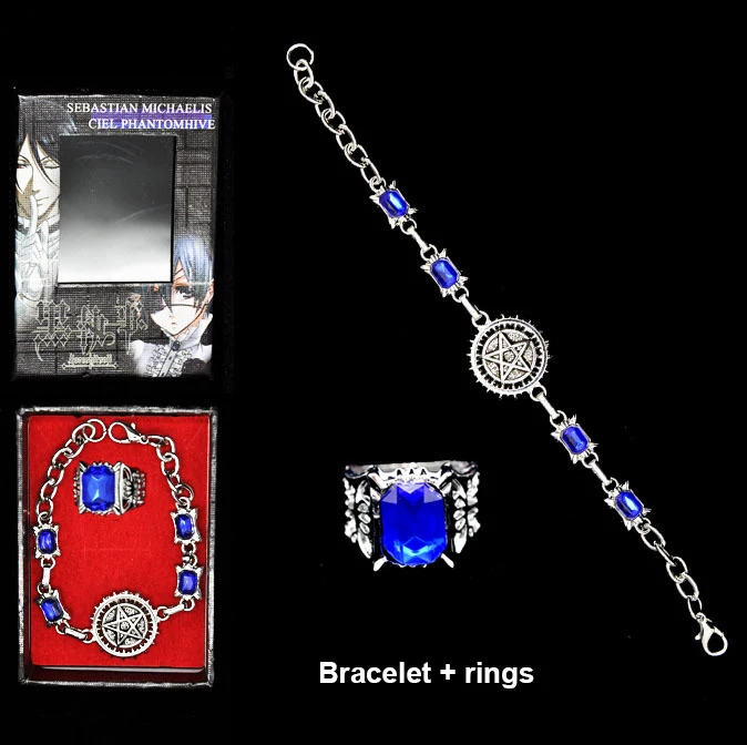 bracelet and rings Черный Дворецкий аксессуары для косплея Ciel Phantomhive кольцо ожерелье из мультфильма Подвески Браслеты значок набор для подарка - Цвет: bracelet and rings