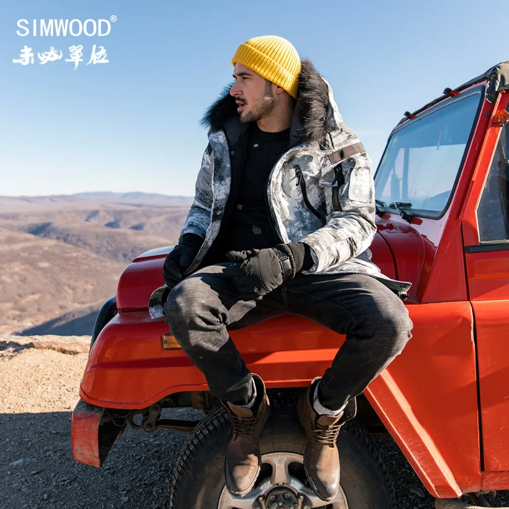 SIMWOOD мода длинные 90% Белое пуховое пальто Для мужчин камуфляж военная куртка