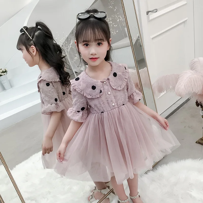 Кружевные платья в горошек для девочек от 3 до 12 лет с короткими рукавами