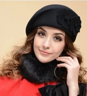 Женские теплые фетровые шляпы, шерстяная шляпа Fedora, милые модные двойные береты с цветами, шерстяные шляпы, шапки, женские шапки, B-8914
