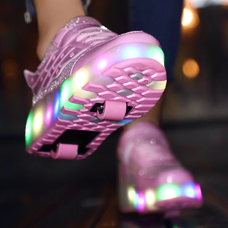 New Pink USB Charging Fashion Girls Boys LED Light Roller Skate Shoes For Children Kids Sneakers With Wheels Two wheels | Детская одежда