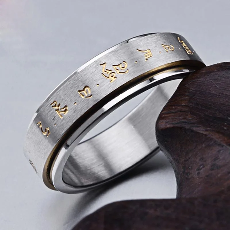 Кольцо с надписью и вращением Будды вращающееся в виде мантры из титановой стали