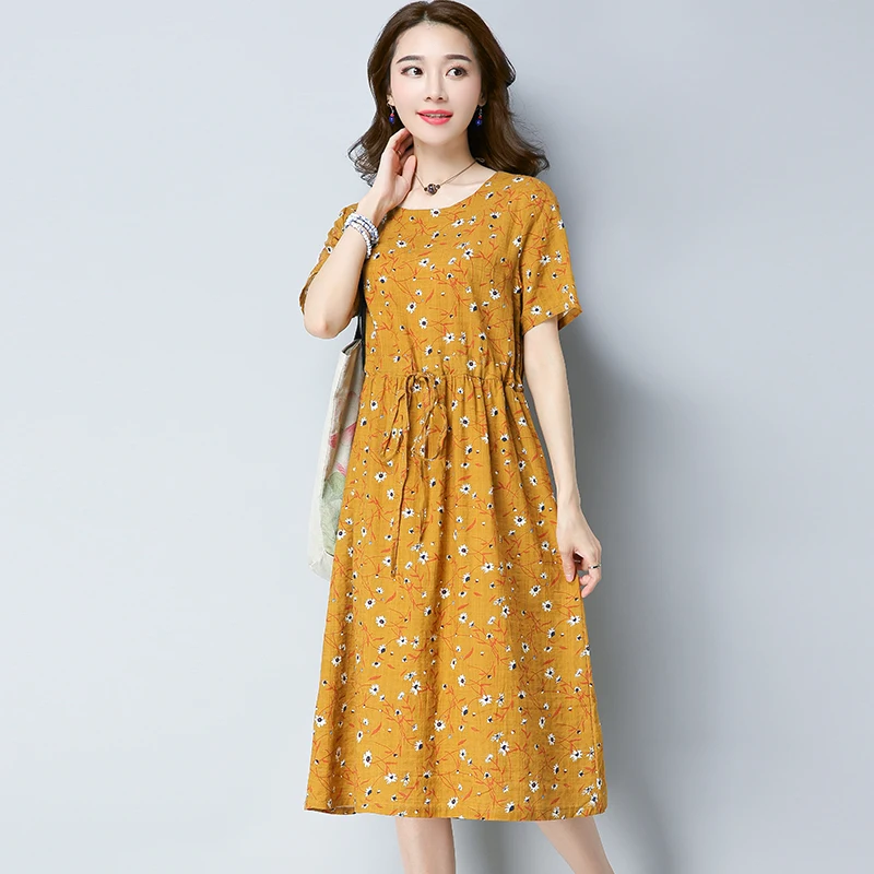Мода 2019 новые женские Платья повседневные Хлопок Лен узор цветочные свободные