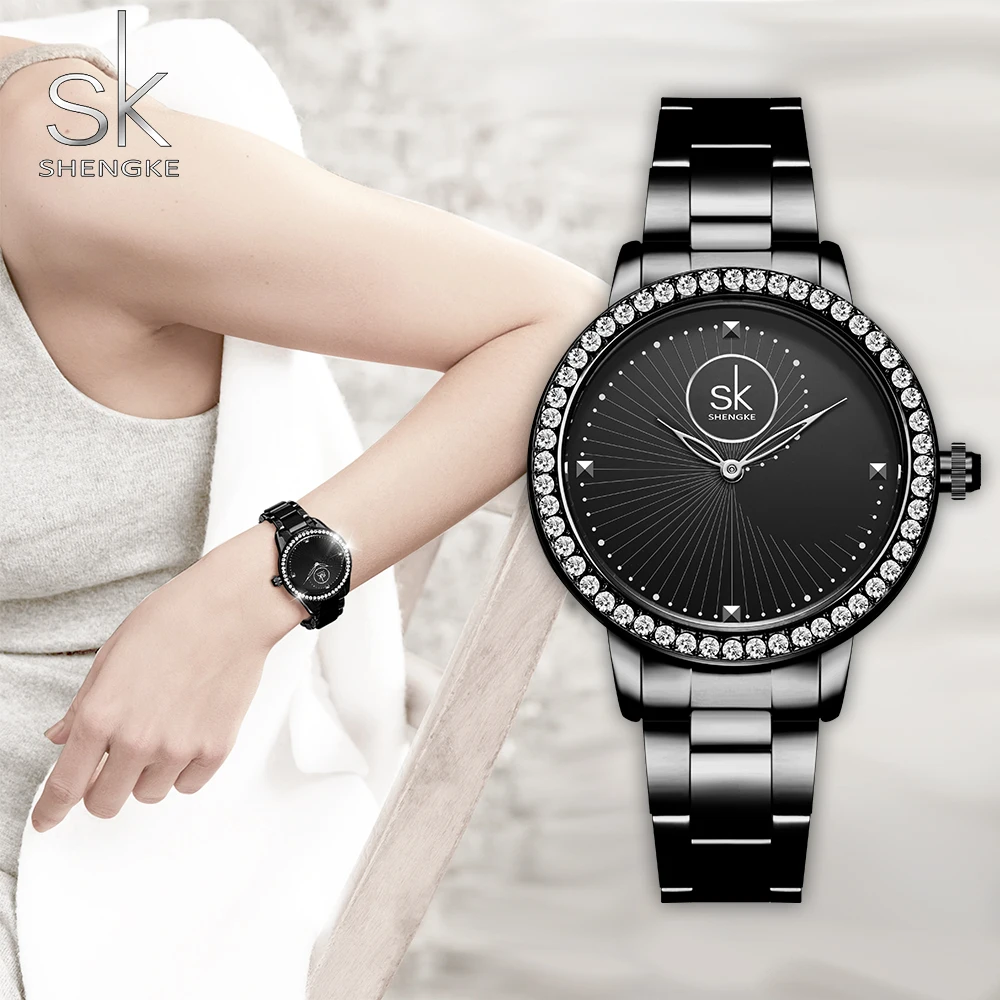 

Shengke New Fashion Women Watches Black Bracelet Quartz Ladies Watches Crystal Luxury Style Erkek Kol Saati Zegarek Damski