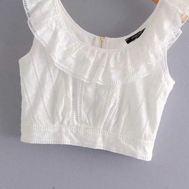 Женская майка с каскадными оборками и вышивкой Повседневная белая блузка Летний