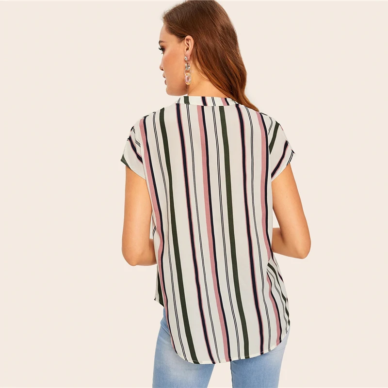 SHEIN, разноцветный топ в полоску с v-образным вырезом, летняя блузка, женская летняя рабочая одежда с глубоким подолом и рукавом-крылышком, повседневные женские топы и блузки