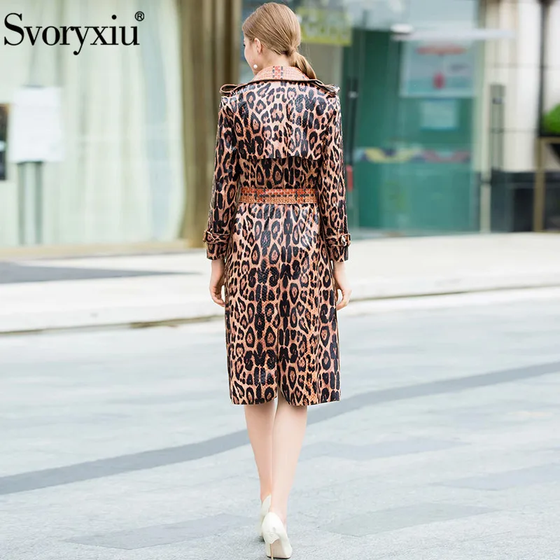 

Svoryxiu 2018 Designer Autumn Winter Faux leather Overcoat Outwear Women's Vintage Leopard Printed Slim Long Coat Windbreaker