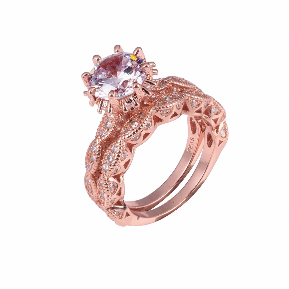 Роскошный цветок 3ct Имитация бриллиантовое кольцо 2-в-1 твердая 925 серебро, розовое золото 18 карат, Прекрасный ювелирные изделия Обручение набор обручальных колец для Для женщин