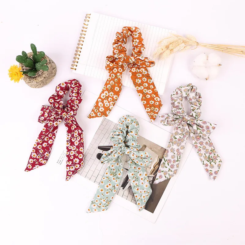 

Free shipping Fashion women DIY bow hair scrunchies Small daisy print Hair bands girl's hair Tie Accessories Ponytail Holder