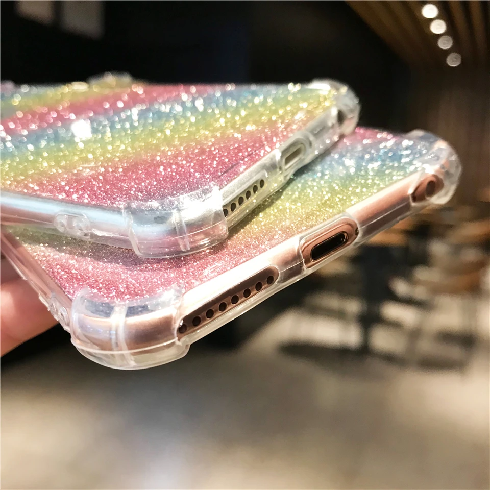 Противоударный блестящий чехол 2 в 1 Rainbow для iPhone 6s 6 SE 7 8 Plus X XR XS MAX TPU Meizu 15 Lite M5 M6 Note M5S