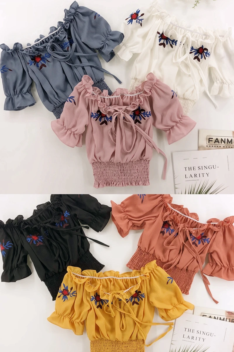 Женская короткая блузка ALPHALMODA с цветочной вышивкой и рукавами фонариками