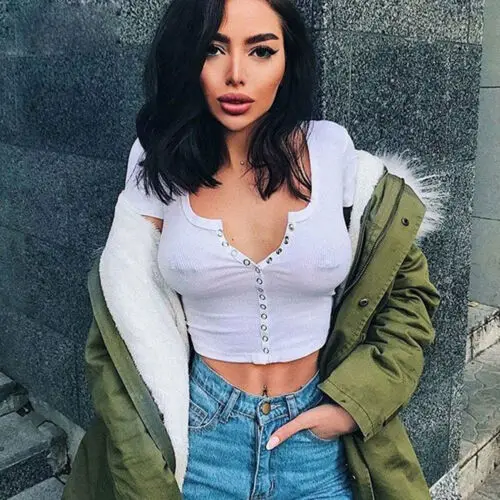 Sexy Casual O-Neck Buttons T-shirt Women Short Sleeve Femme Solid White Tee Tops | Женская одежда
